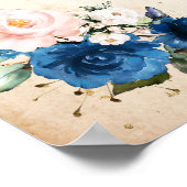 ネイビーブルー赤面ピンク花模様結婚ズウェルカム ポスター (角)