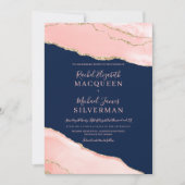 ネイビーブルー赤面ピンク金ゴールドアゲートマーブル結婚ズ 招待状 (正面)