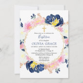 ネイビーブルー赤面ピンク金ゴールドフローラガールバプテスマ 招待状 (正面)
