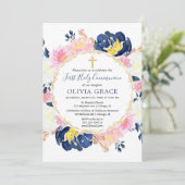 ネイビーブルー赤面ピンク金ゴールドフローラ第1聖体 招待状 (スタンド正面)