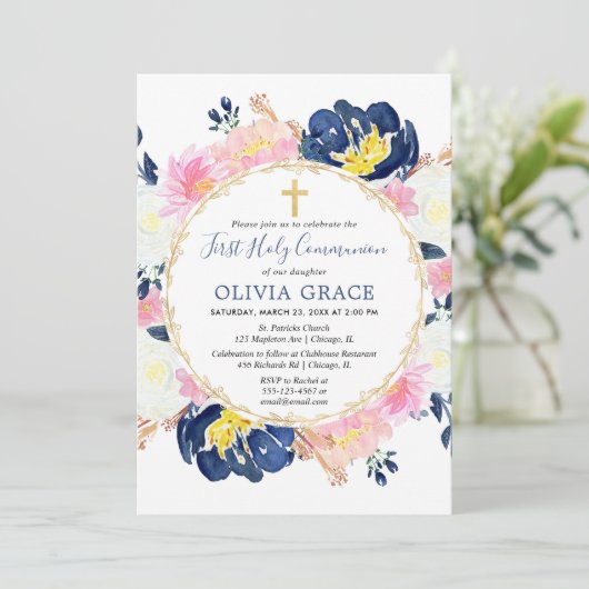 ネイビーブルー赤面ピンク金ゴールドフローラ第1聖体 招待状 (スタンド正面)