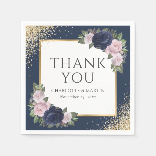 ネイビーブルー赤面ピンク金ゴールド結婚フローラ スタンダードカクテルナプキン (正面)