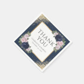 ネイビーブルー赤面ピンク金ゴールド結婚フローラ スタンダードカクテルナプキン (角)