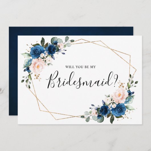 ネイビーブルー赤面フローラが私の花嫁になる 招待状 (正面/裏面)