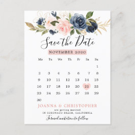 ネイビーブルー赤面フローラカレンダー日付を保存 案内ポストカード