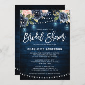 ネイビーブルー赤面フローラストリングライトブライダルシャワー 招待状 (正面/裏面)