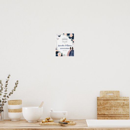 ネイビーブルー赤面フローラツインズシルバーキンセアニラ ポスター (キッチン)