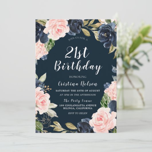 ネイビーブルー赤面フローラリース21st誕生日パーティー 招待状 (スタンド正面)