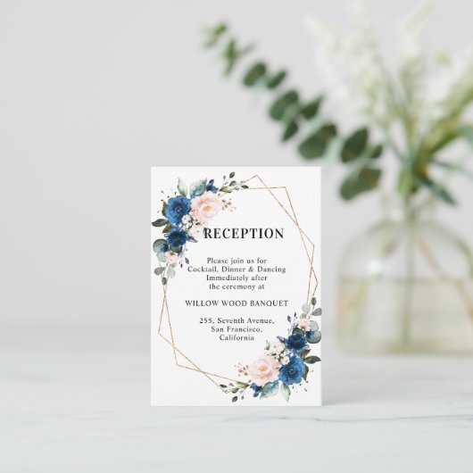 ネイビーブルー赤面フローラ幾何学結婚披露宴 エンクロージャーカード (スタンド正面)