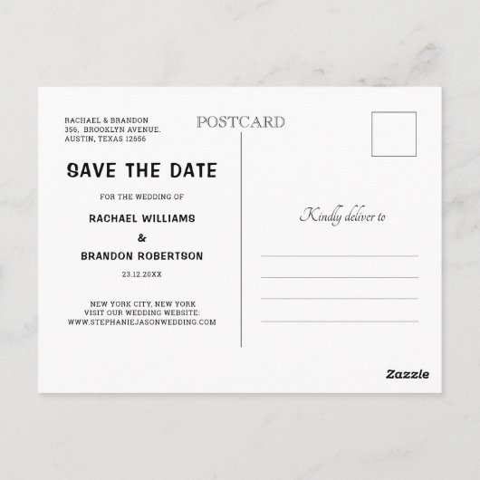 ネイビーブルー赤面フローラ文字列ライト日付の保存 ポストカード (裏面)