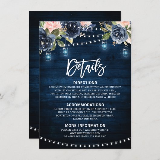 ネイビーブルー赤面フローラ素朴ストリングライト詳細 エンクロージャーカード (正面/裏面)