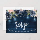 ネイビーブルー赤面フローラ素朴ストリングライトRSVP ポストカード (正面/裏面)