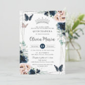 ネイビーブルー赤面フローラ蝶キンチェニェラ 招待状 (スタンド正面)