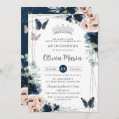 ネイビーブルー赤面フローラ蝶キンチェニェラ 招待状 (正面/裏面)