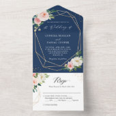 ネイビーブルー赤面フローラ金ゴールドジオメト結婚リ オールインワン招待状 (内側)