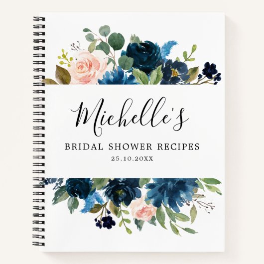 ネイビーブルー赤面ブライダルシャワーレシピブック ノートブック (正面)
