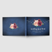 ネイビーブルー赤面ブルゴーニュバラストリングライト結婚ズ ゲストブック (全面)