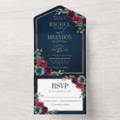 ネイビーブルー赤面ブルゴーニュ金ゴールドジオメトリック結婚ス オールインワン招待状 (内側)