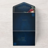 ネイビーブルー赤面ブルゴーニュ金ゴールドジオメトリック結婚ス オールインワン招待状 (外側)