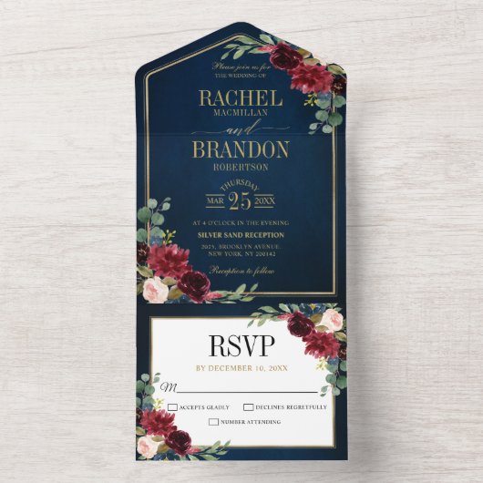 ネイビーブルー赤面ブルゴーニュ金ゴールドジオメトリック結婚ス オールインワン招待状 (内側)