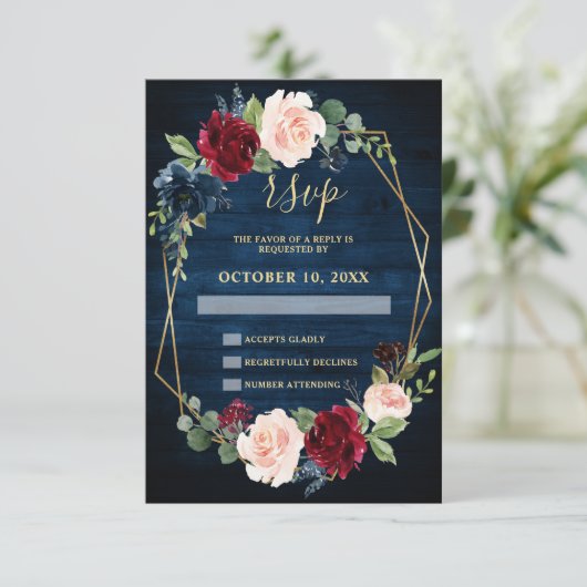 ネイビーブルー赤面ブルゴーニュ金ゴールドジオメトリック結婚ス 出欠カード (スタンド正面)