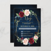 ネイビーブルー赤面ブルゴーニュ金ゴールドジオメトリック結婚ス 出欠カード (正面/裏面)