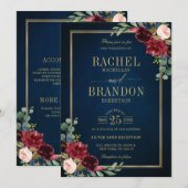 ネイビーブルー赤面ブルゴーニュ金ゴールドジオメトリック結婚ス 招待状 (正面/裏面)