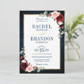 ネイビーブルー赤面ブルゴーニュ金ゴールドジオメト結婚リのイン 招待状 (スタンド正面)