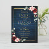 ネイビーブルー赤面ブルゴーニュ金ゴールドジオメト結婚リのイン 招待状 (スタンド正面)