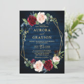 ネイビーブルー赤面ブルゴーニュ金ゴールドジオメト結婚リのイン 招待状 (スタンド正面)