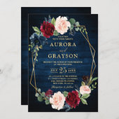 ネイビーブルー赤面ブルゴーニュ金ゴールドジオメト結婚リのイン 招待状 (正面/裏面)