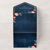 ネイビーブルー赤面ブルゴーニュ金ゴールドジオメト結婚リAl オールインワン招待状 (外側)