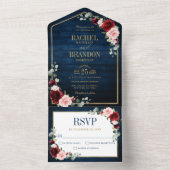 ネイビーブルー赤面ブルゴーニュ金ゴールドジオメト結婚リAl オールインワン招待状 (内側)