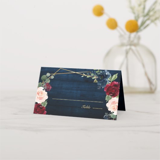 ネイビーブルー赤面ブルゴーニュ金ゴールドジオメト結婚リPl プレイスカード (正面)