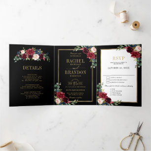 ネイビーブルー赤面ブルゴーニュ金ゴールドジオメト結婚リTr 三つ折り案内状