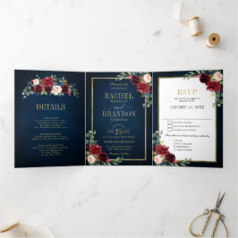 ネイビーブルー赤面ブルゴーニュ金ゴールドジ結婚オメトリック 三つ折り案内状