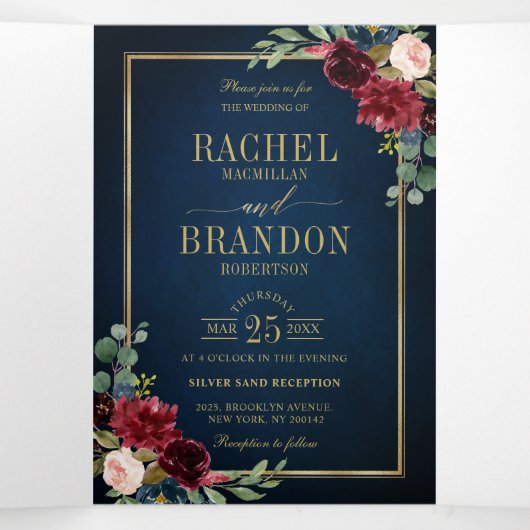 ネイビーブルー赤面ブルゴーニュ金ゴールドジ結婚オメトリック 三つ折り案内状 (内部中)