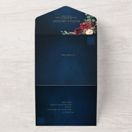 ネイビーブルー赤面ブルゴーニュ金ゴールドボタニッ結婚クス オールインワン招待状 (外側)