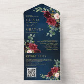 ネイビーブルー赤面ブルゴーニュ金ゴールドボタニッ結婚クス オールインワン招待状 (内側)