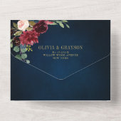 ネイビーブルー赤面ブルゴーニュ金ゴールドボタニッ結婚クス オールインワン招待状 (裏面)