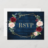 ネイビーブルー赤面ブルゴーニュ金ゴールド幾何学模様RSVPポスト ポストカード (正面/裏面)