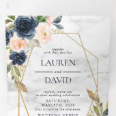 ネイビーブルー赤面マーブルジオメトリックフローラ 三つ折り招待状 (内部最初)