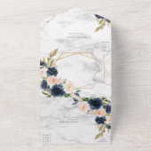 ネイビーブルー赤面マーブルジオメトリック結婚フローラ オールインワン招待状 (外側)