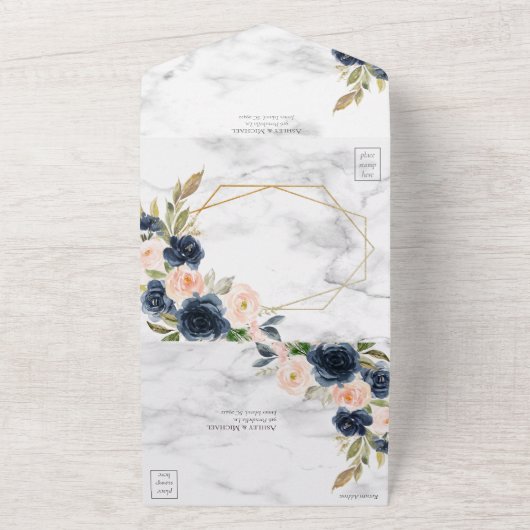 ネイビーブルー赤面マーブルジオメトリック結婚フローラ オールインワン招待状 (外側)