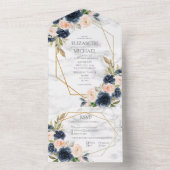 ネイビーブルー赤面マーブルジオメトリック結婚フローラ オールインワン招待状 (内側)