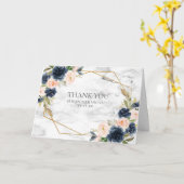 ネイビーブルー赤面大理石幾何学写真ありがとう カード (黄色い花)