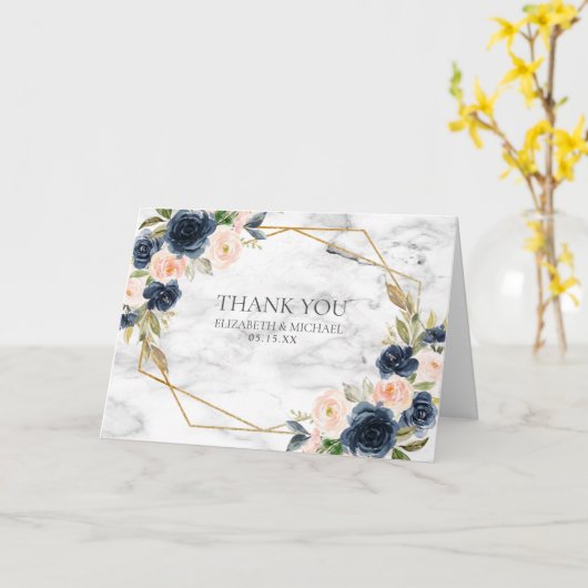 ネイビーブルー赤面大理石幾何学写真ありがとう カード (黄色い花)