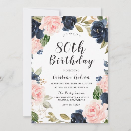 ネイビーブルー赤面水彩第80回バースデーパーティー 招待状 (正面)