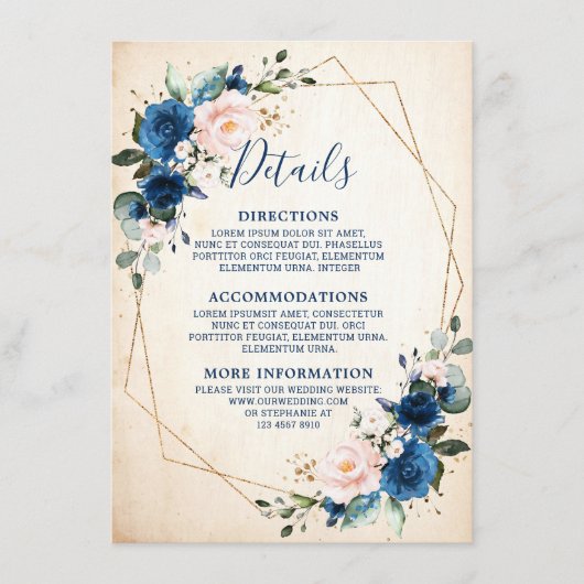 ネイビーブルー赤面素朴フローラジオメト結婚リ エンクロージャーカード (正面)