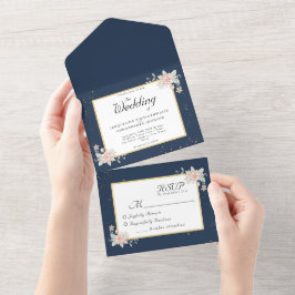 ネイビーブルー赤面結婚ピンク オールインワン招待状